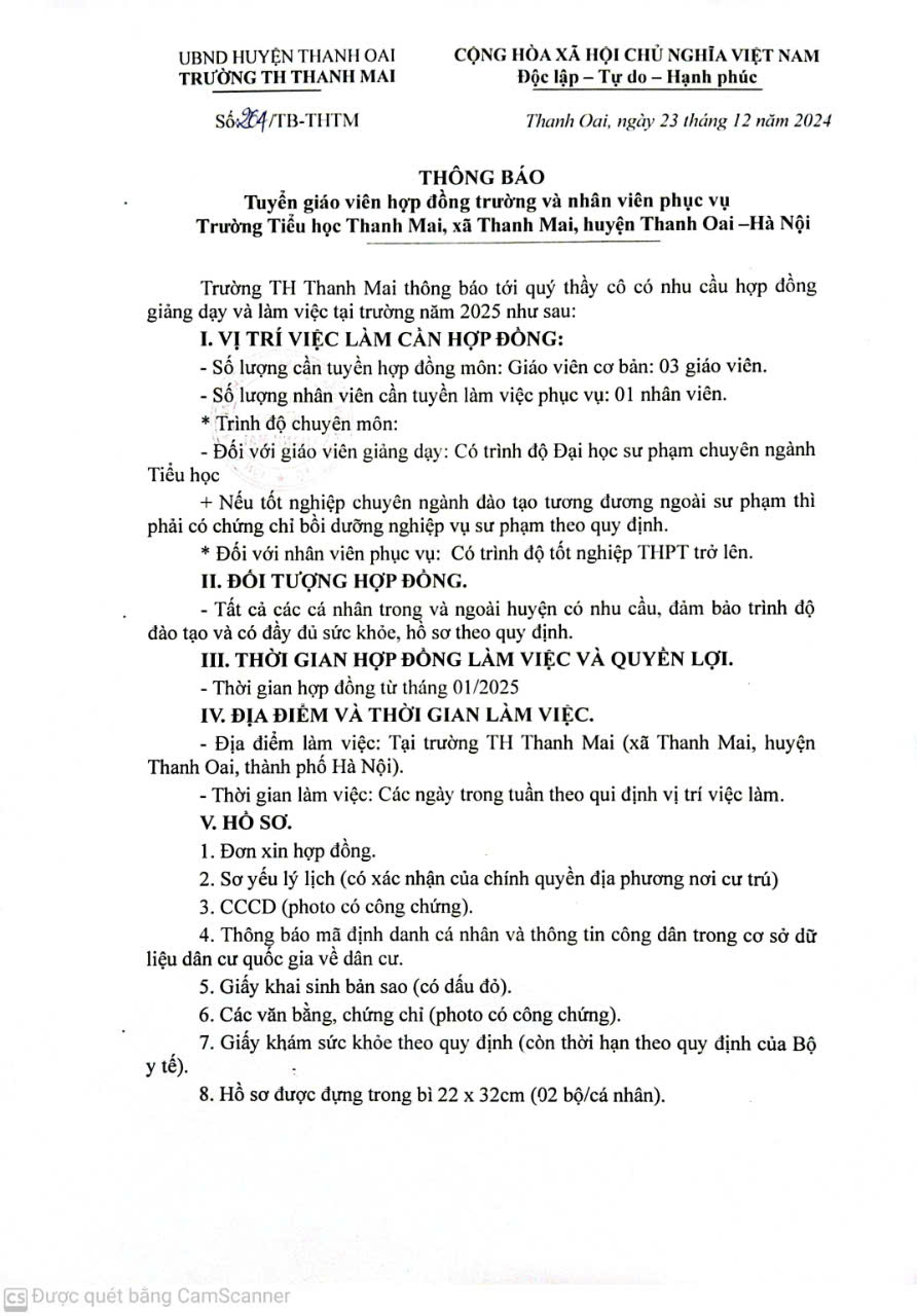THÔNG BÁO TUYỂN GIÁO VIÊN, NHÂN VIÊN HƠP ĐỒNG NĂM 2025